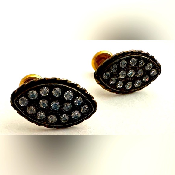 Vintage Gold Filled Crystal Screw Back Earrings Oval Rope Border Silver RARE